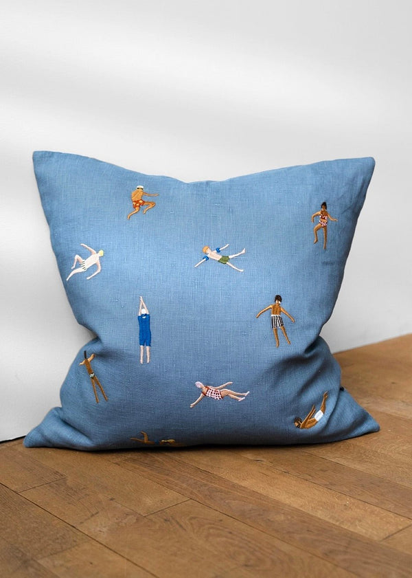 Swimmers Embroidered Cushion Cover, Blue