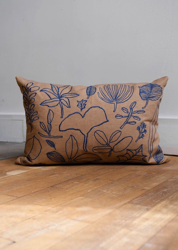 Botanic Leaves Embroidered Cushion Cover, Brown/Blue